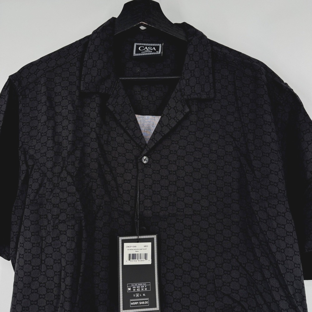 NEW Casa Moda Couture Mens Black Monogram Woven Camp Shirt Medium NWT